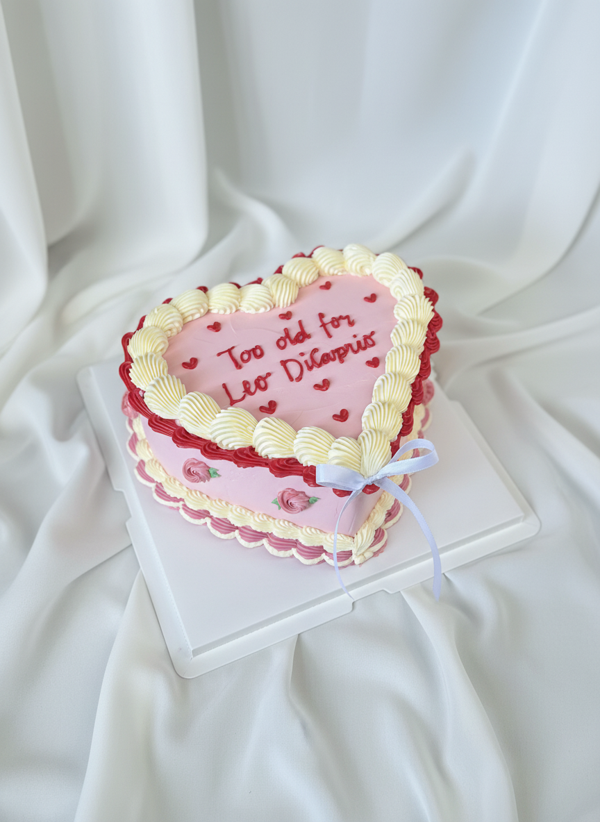 Heart-shaped cake on white chiffon background
